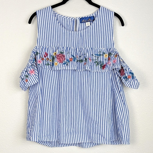 Blue Rain Tops - 🌼 Blue Rain Embroidered Ruffle Cold Shoulder Tank